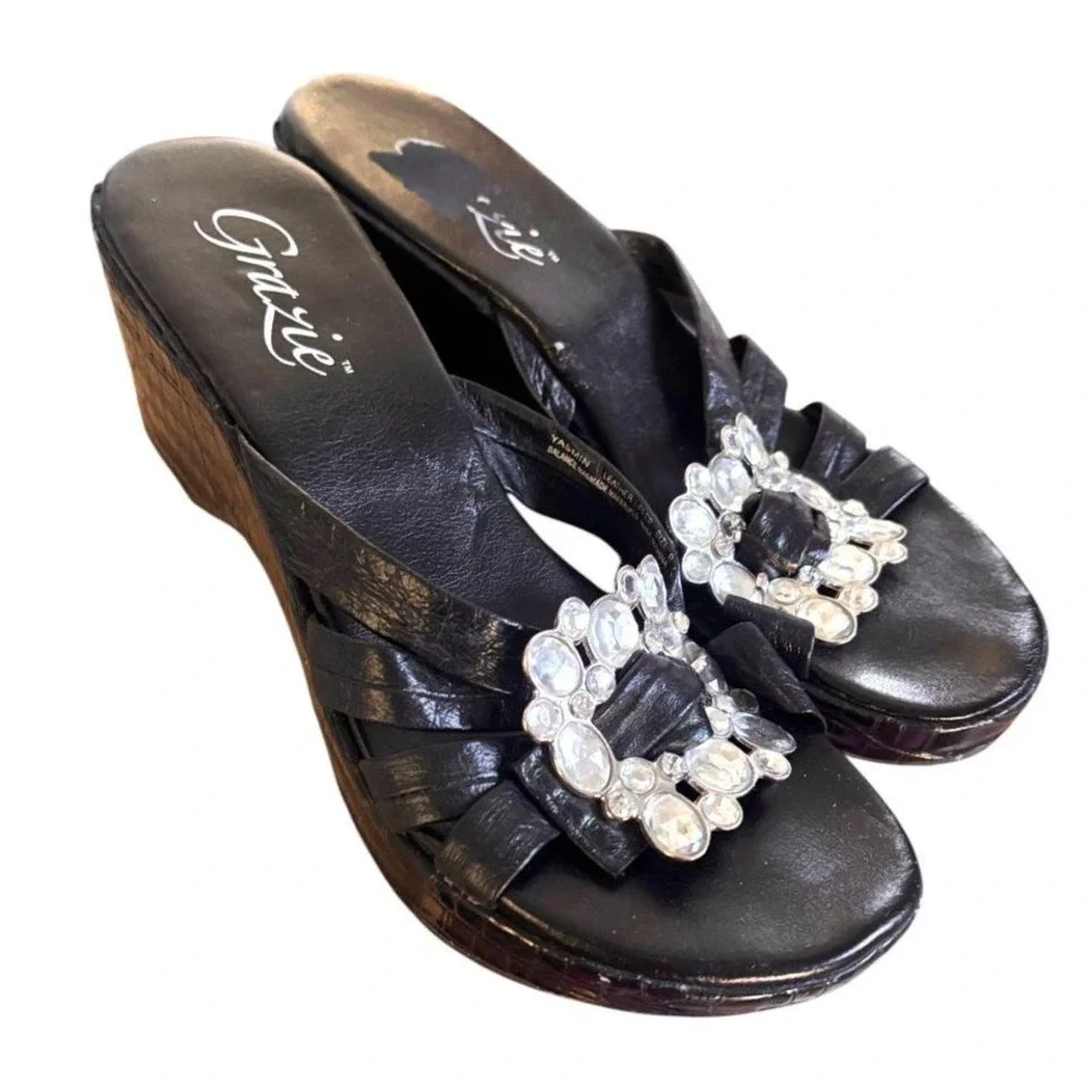 90's y2k vintage black leather‎ croc jeweled sandals size 8.5
